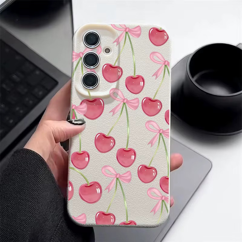MOESOE Handyhülle mit Schleifen- und Kirschmuster für Samsung Galaxy S26 S25 S24 S23 Ultra S22 Plus FE Edge, Leder-Textur, weiche TPU-Schutzhülle, Pink/Multicolor - Bild 3