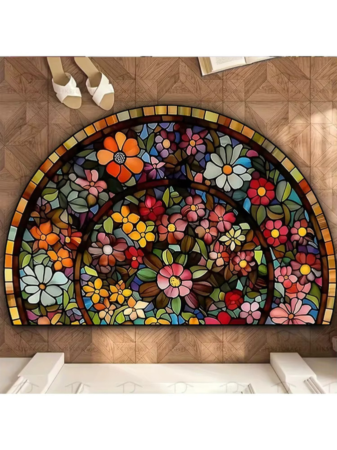 VIKAMA Halbkreis-Fußmatte Amerikanische Vintage Blumen Rutschfest für Innen und Außen, Mehrfarbig, B/T: 60 x 40 cm - Bild 5