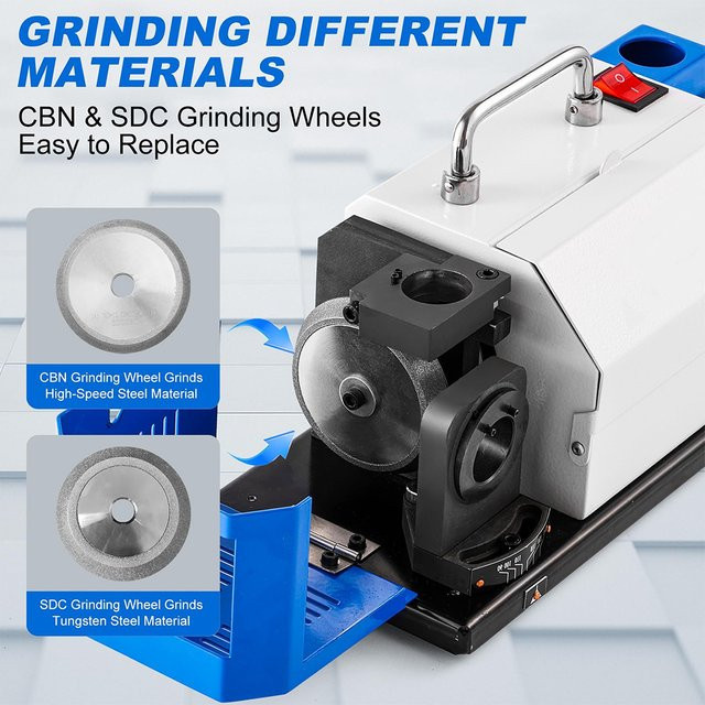 Podofo Bohrerschleifmaschine mit 12 Spannzangen für 2-13mm Bohrer, 5300RPM, mit CBN+SDC-Rädern und einstellbarem Spitzenwinkel von 90° bis 145° für HSS und Hartmetall-Spiralbohrer - Bild 1