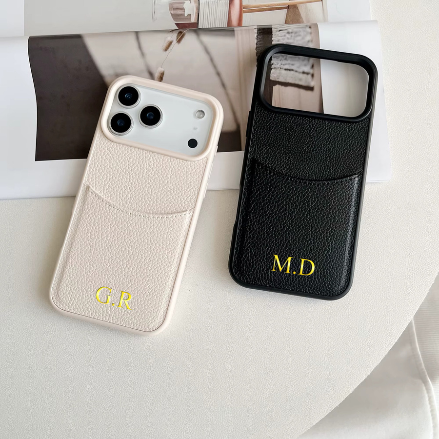 Personalisierte iPhone Einsatzkartenhülle aus luxuriösem PU-Leder mit Gold-Heißfolienprägung für Apple iPhone 12 bis 17 Pro Max Plus Air in Schwarz oder Gold - Bild 2
