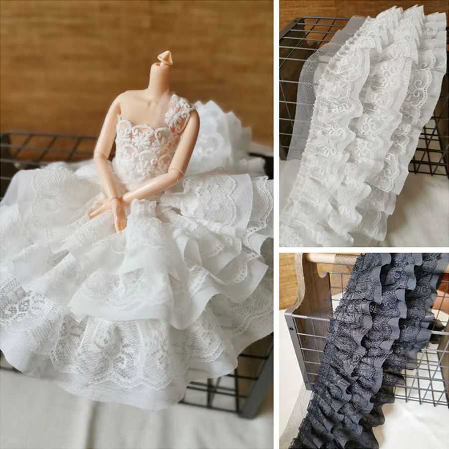 3-lagiger Chiffon-Fransenbesatz mit 3D-Plissee in Weiß und Schwarz, Breite: 13 cm, Länge: 0,91 m - Bild 2