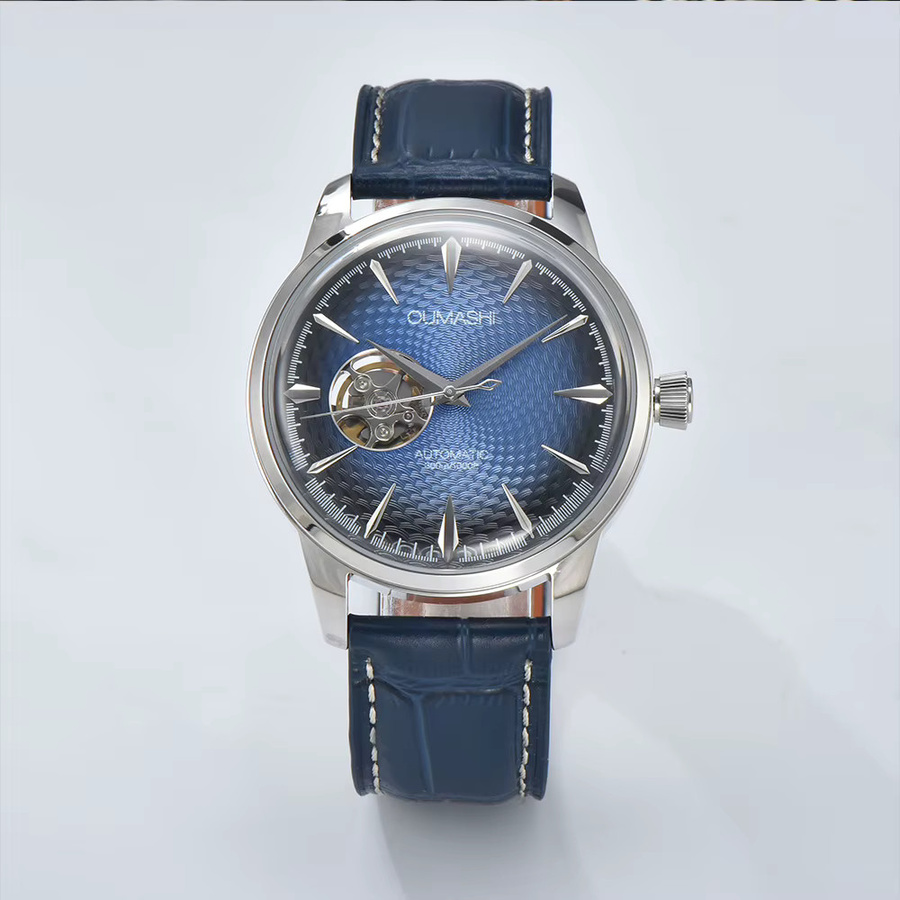 Oumashi Armbanduhr Automatik, Edelstahl, Leder, Blau, Herren - Bild 2