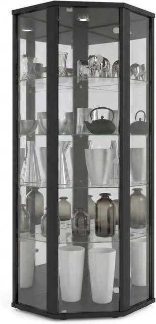 K-Möbel Eckvitrine mit Glasfront, Spiegel und LED-Beleuchtung in Schwarz, H: 176 cm, B: 56,5 cm, T: 56,5 cm - Bild 1