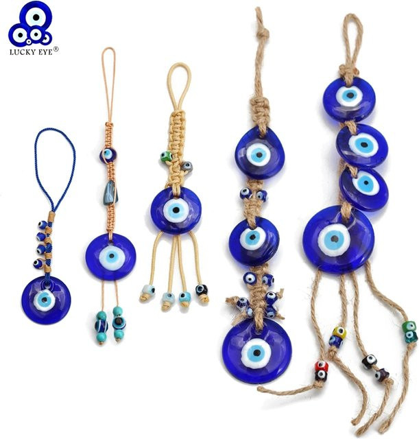 Handgefertigter Lucky Eye Wandbehang mit geflochtenem Seil und Quaste in Blau und Türkis - Bild 1