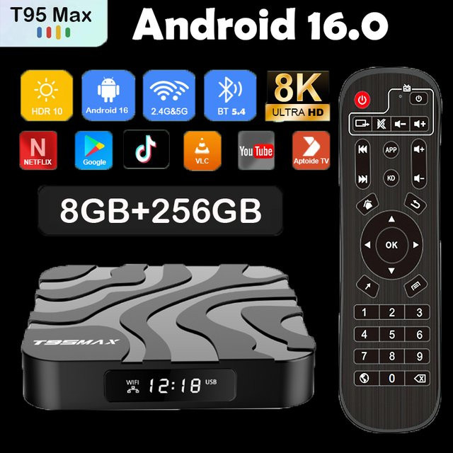 T95Max Smart TV Box Android 16 mit 8GB RAM und 256GB Speicher, Allwinner H618, Google Assistant, Bluetooth 5.4, Media Player, Schwarz - Bild 1