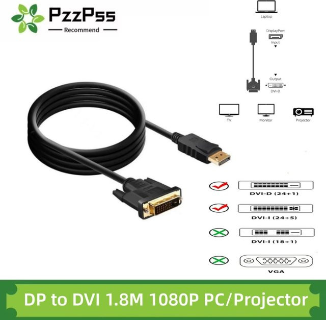 PzzPss DisplayPort zu DVI Adapter Konvertierungskabel in Schwarz für Full HD 1080p, Länge: 1,8 m - Bild 1