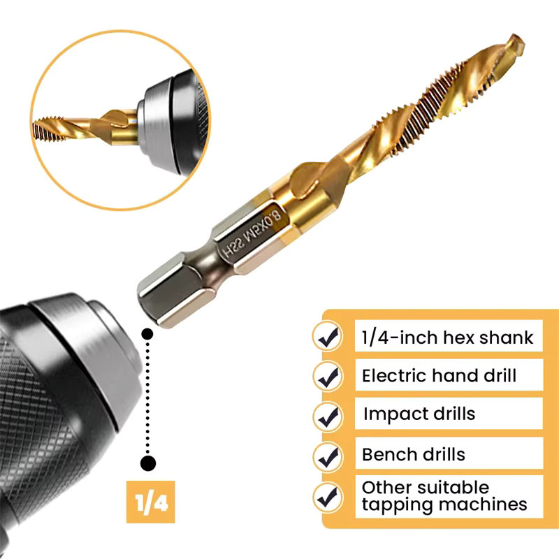 Tap Titan 6er Set HSS Gewindeschneider Bits in Gold für metrische Schraubverbindungen M3-M10 mit Sechskantschaft - Bild 2