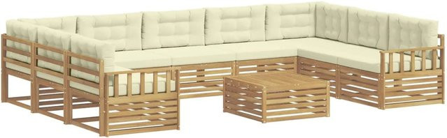 vidaXL Outdoor-Sofagarnitur 10-teilig in U-Form aus Massivholz Akazie mit Polstern in Weiß und Beige - Bild 1