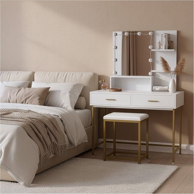 HOME DELUXE Schminktisch KASIA mit Hollywood LED-Spiegel in Weiß und Gold - Bild 1