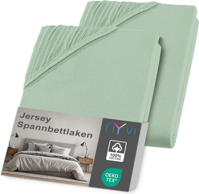 NYVI DreamScience Jersey Spannbettlaken aus 100% Baumwolle, 2er Pack, Farbe: Eukalyptus, Größe: 90 x 200 cm bis 100 x 200 cm, Matratzenhöhe bis 22 cm - Bild 1
