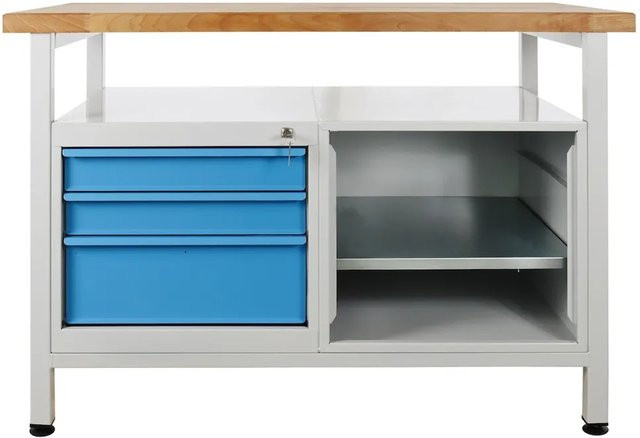 PROREGAL Werkbank Rhino mit Ablagefläche, 3 Schubladen und Regalteil, H x B x T: 84 x 120 x 60 cm, Traglast 300 kg, Lichtgrau und Lichtblau - Bild 1