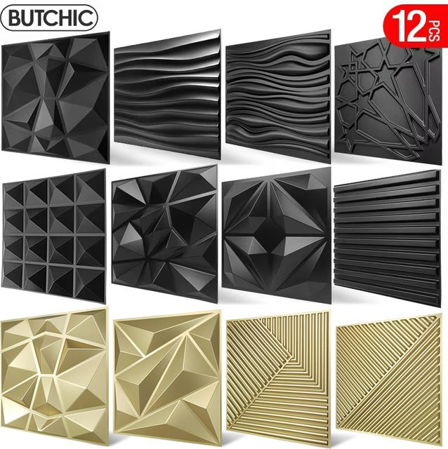 12er Set Butchic 3D Wandpaneele in Champagner Gold mit Holzmaserung, selbstklebende Wandaufkleber aus Papier für Hochzeit und Party, B/B: 30 x 30 cm - Bild 1