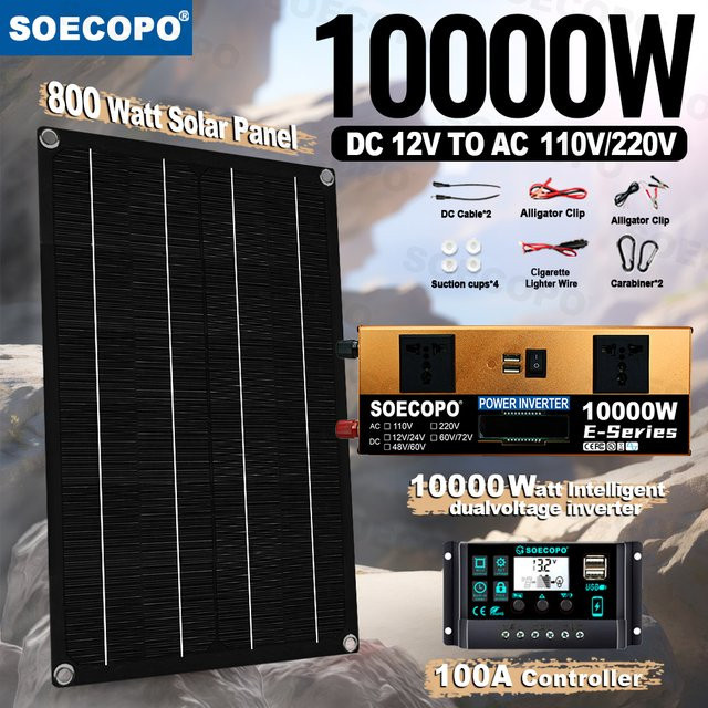 soecopo 10000 W Solarsystem-Komplettset mit 800 W Panel, 100 A Controller und Off-Grid-Wechselrichter für 110 V/220 V, Dual 12 V/24 V für Heim und Camping - Bild 1