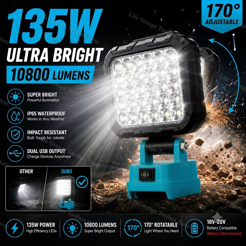 Makita LED-Tragbare Lichtlaterne in Schwarz mit USB-Ladeanschluss und Haken für Makita 18 V Li-Ionen-Akkus - Bild 6