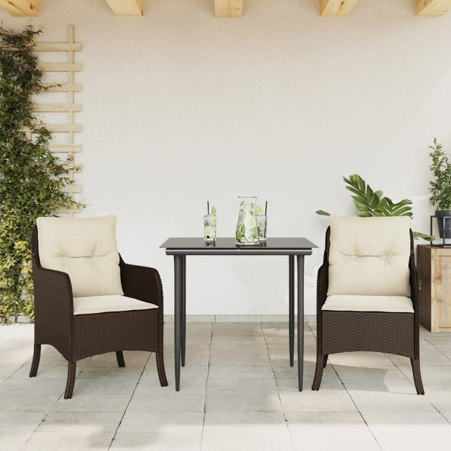 vidaXL 3-teilige Garten-Essgruppe aus Poly Rattan mit Kissen und Hartglas, Braun, B/T/H: 67 x 74 x 80 cm - Bild 2