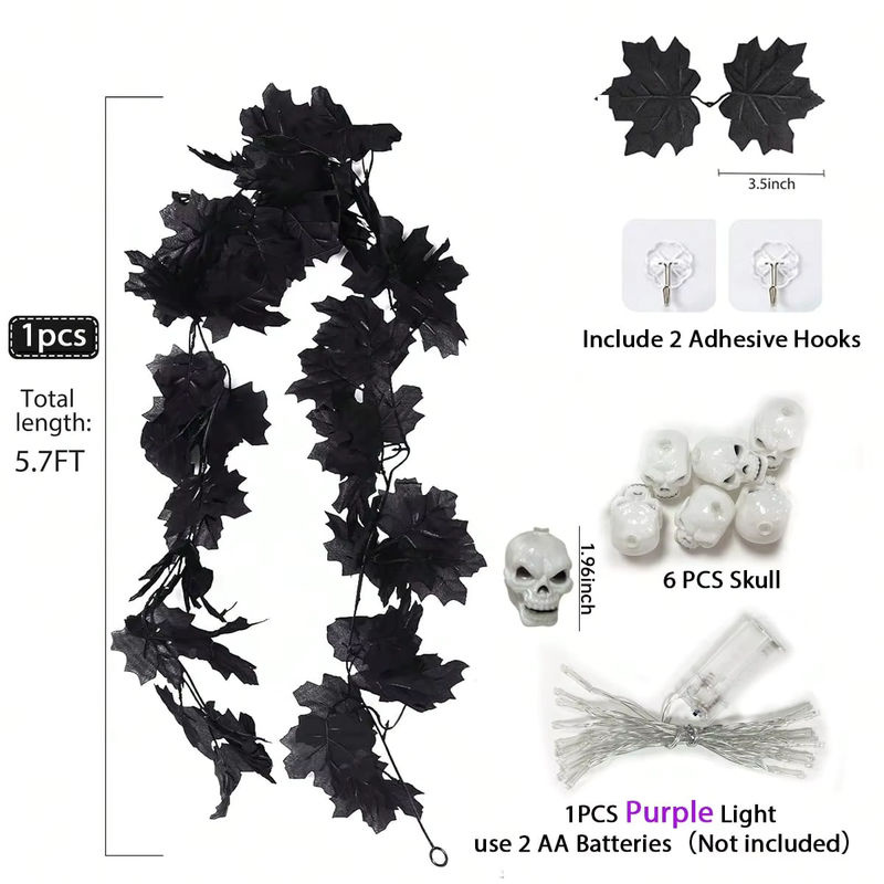 Peach Forest Halloween Deko mit 20 LED und 6 Totenköpfen in Schwarz als hängende Weinreben-Lichterkette - Bild 2