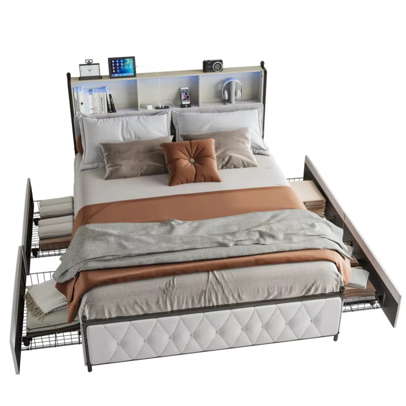 Rosahqnda Polsterbett in Beige mit Stauraum und 4 Schubladen, Doppelbett mit LED-Beleuchtung und USB-Anschluss, B/T: 180 x 200 cm - Bild 6