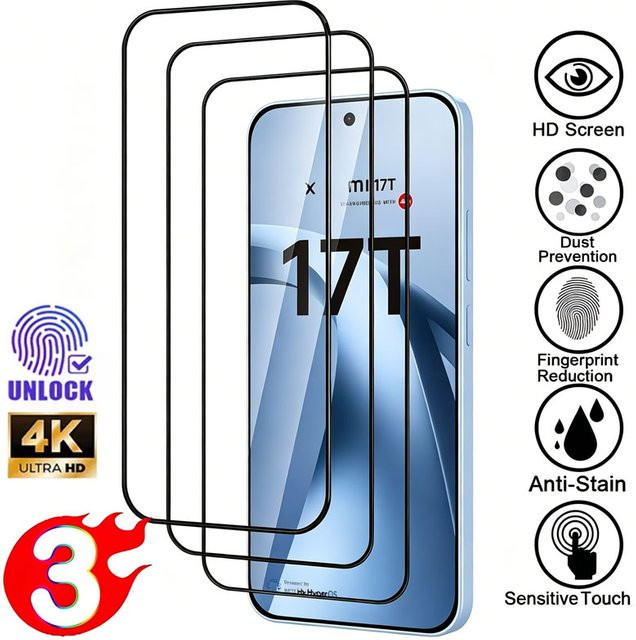3 Stück Displayschutzfolien aus gehärtetem Glas für Xiaomi 17T 17 Pro Max 15 15T 14T 13T 12T 11T Pro, transparent, kompatibel mit Fingerabdruck-Entsperrung - Bild 1