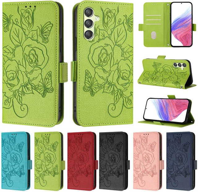 HKNR 3D Blumen Leder Handyhülle als Brieftaschen-Etui für Samsung Galaxy A06 A16 A26 A36 A56 A05s A15 A25 A35 A55 A04s A14 A24 A34 A54 in Grün - Bild 1