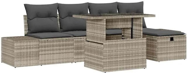 vidaXL Garten-Sofa-Set 7-teilig aus Poly-Rattan und Metall in Hellgrau mit Polstern und Ottoman für Terrasse und Garten - Bild 1
