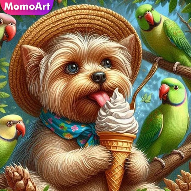 Momoart Diamant-Stickerei DIY Set mit Hund und Papagei, rundes Diamant-Mosaik in Multicolour, 20 x 20 cm - Bild 1
