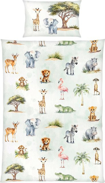 Baby Best Renforcé Wende-Bettwäsche Safari mit Tiermotiven aus Baumwolle, Farbe Mehrfarbig/Grün, Kissenbezug B/H: 40 x 60 cm, Bettbezug B/H: 100 x 135 cm - Bild 1