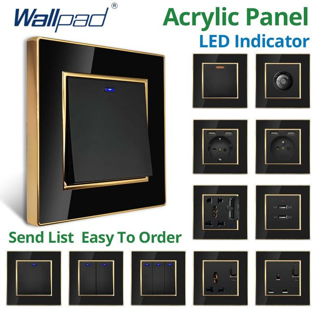 Wallpad Kombination aus EU-Steckdose mit USB und 2-Wege-Wandlichtschalter mit LED-Bewegungssensor, schwarzes Acryl-Panel mit goldenem Rand - Bild 1