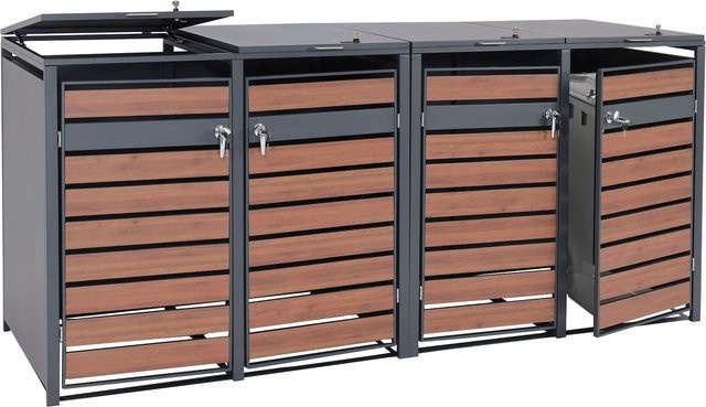 MCW 4er Mülltonnenverkleidung J81 Mülltonnenbox aus Metall in Anthrazit und Kirsche-Holzoptik Dunkelbraun B/T/H: 264 x 117 x 80 cm - Bild 1