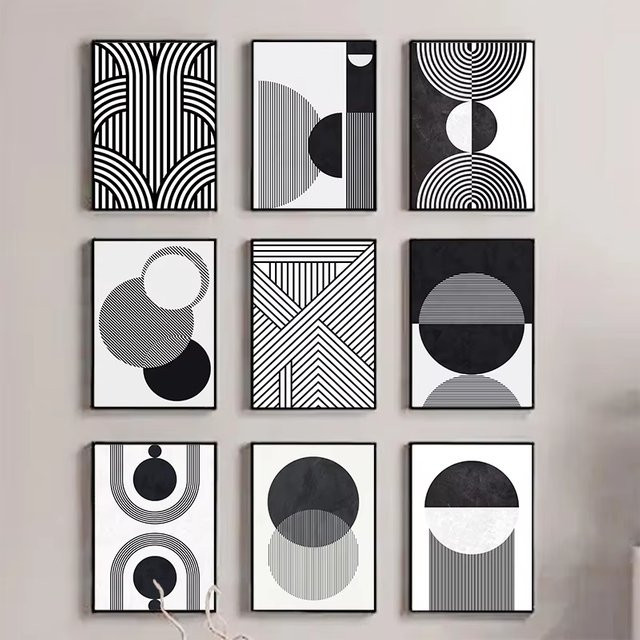 Modernes abstraktes Leinwandgemälde von Potdemiel mit geometrischen schwarz-weißen Linien und Kreisen zur Wanddekoration - Bild 1