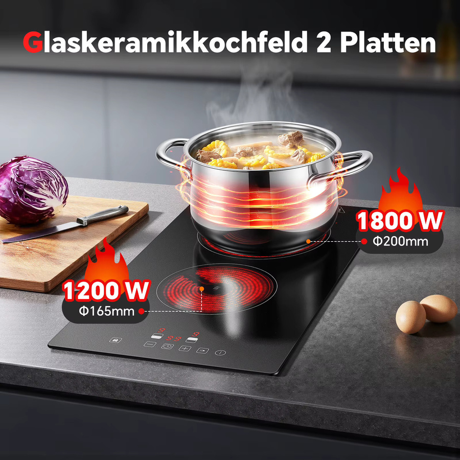 KICHPOWER Keramikkochfeld in Schwarz mit 2 Zonen, 3000W, Touch-Steuerung, 9 Leistungsstufen, Timer und Kindersicherung, Breite: 30 cm - Bild 2