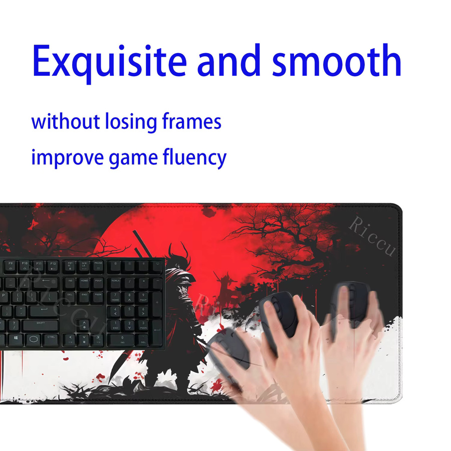Riccu Gaming-Mauspad mit Samurai-Krieger Motiv in Multicolor, rutschfeste Schreibtischunterlage mit HD-Druck und Overlock-Rand - Bild 3