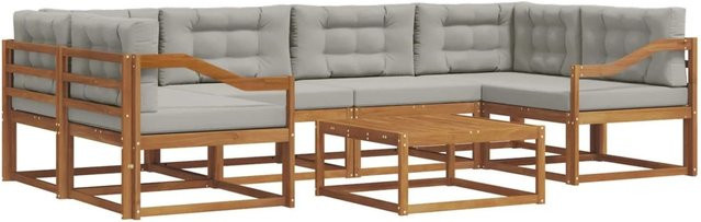 vidaXL Outdoor-Sofagarnitur L-Form aus Akazienholz mit 7 Kissen in Hellgrau - Bild 1