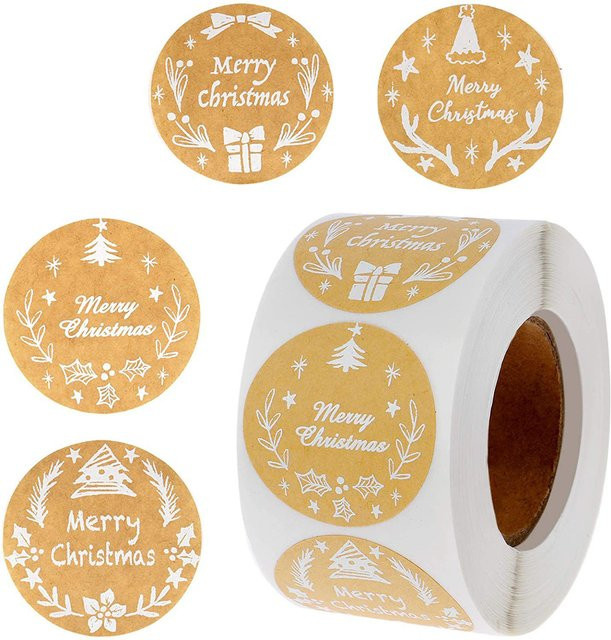 TYFYO Kraftpapier-Geschenkversiegelungsaufkleber mit Weihnachtsmotiv in Braun, Durchmesser: 2,5 cm, 500 Stück pro Rolle - Bild 1