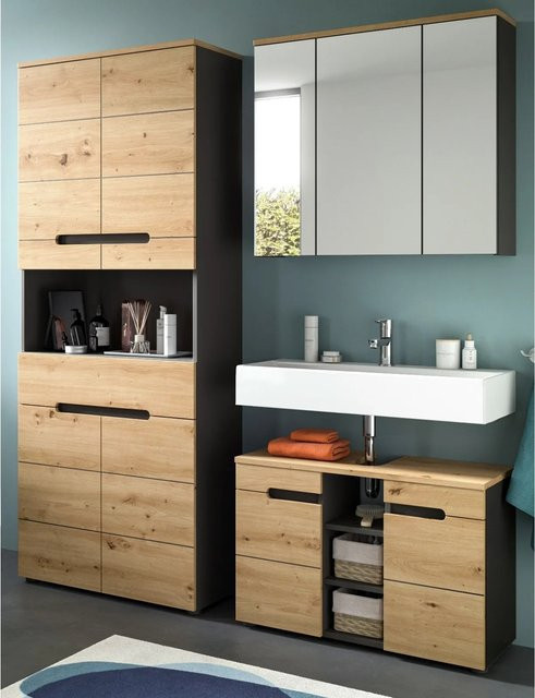 Inn.Furn Badmöbel Set Cooper 3-teilig in Eiche und Grau mit LED-Beleuchtung, Breite: 171 cm - Bild 1