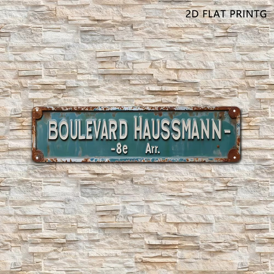 HELLOYOUNG Aluminiumschild Boulevard Haussmann 8e Arr Paris Vintage Dekor in Blaugrün und Weiß, B: 40,0 cm, H: 10,0 cm - Bild 3