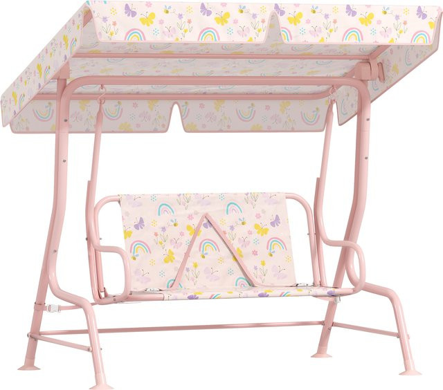 AIYAPLAY Kinder Hollywoodschaukel 2-Sitzer mit verstellbarem Sonnendach und Sicherheitsgurt, Rosa/Regenbogenmuster, B/T/H: 110 x 74 x 113 cm - Bild 1
