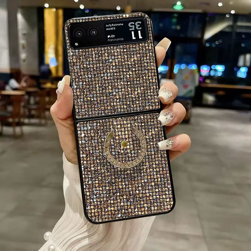 Glänzende Pailletten-Leder-Handyhülle mit Strass-Ring-Schnalle für Motorola Moto Razr 40 und Moto Razr 40 Ultra in Bunt - Bild 1