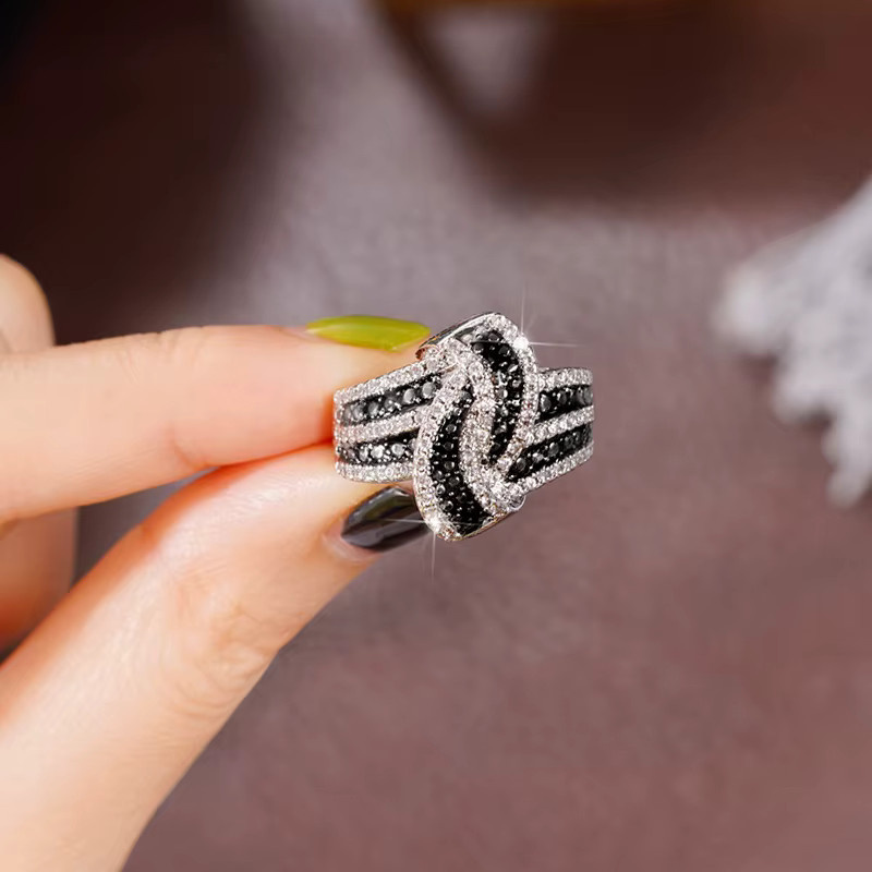 Huian Ringe, Schwarz, Emaille, Zirkonia, Silber, Damen, Vintage - Bild 3