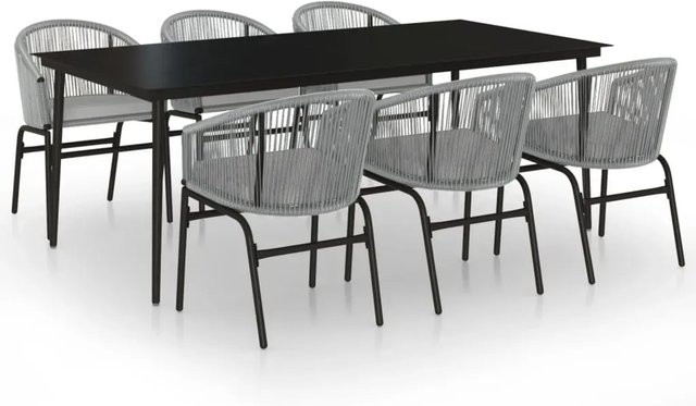 vidaXL 7-teilige Garten-Essgruppe in Grau mit Tisch aus gehärtetem Glas und Rattan-Stühlen - Bild 1
