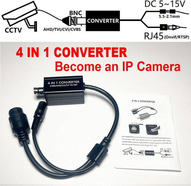 AJXML 4-in-1 Konverter Adapter für Sicherheitsüberwachungs-Videokameras, 1080P AHD CVI TVI CVBS zu IP-System, Schwarz - Bild 1