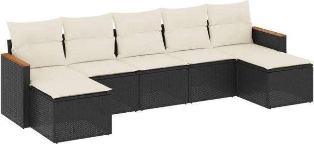 vidaXL 7-teilige Garten-Sofagarnitur aus Polyrattan und Akazienholz in Schwarz mit cremeweißen Kissen und Stauraum - Bild 1