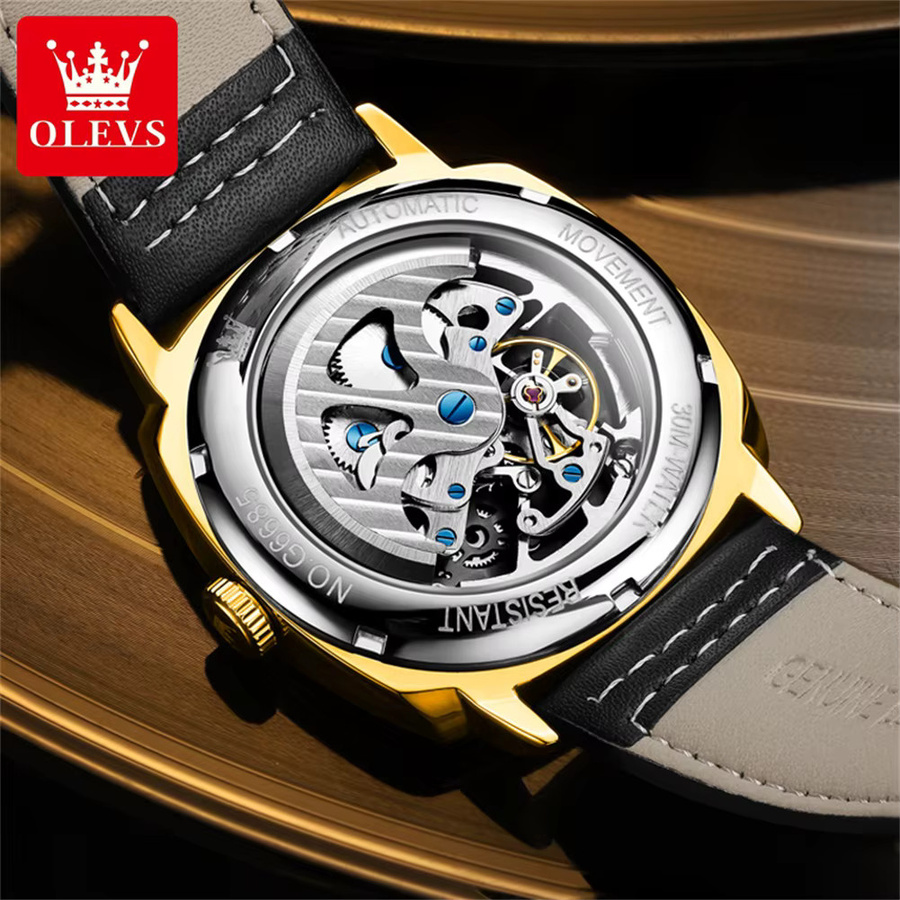 OLEVS Armbanduhr, Automatik, Leder, Schwarz, Gold, Bicolor, Herren - Bild 2