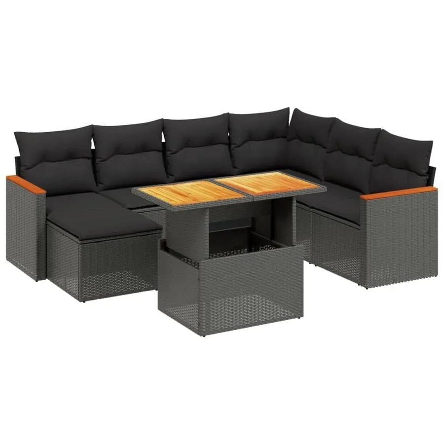vidaXL 8-teilige Garten-Sofagarnitur in L-Form aus schwarzem Poly-Rattan mit Kissen und Akazienholz - Bild 2