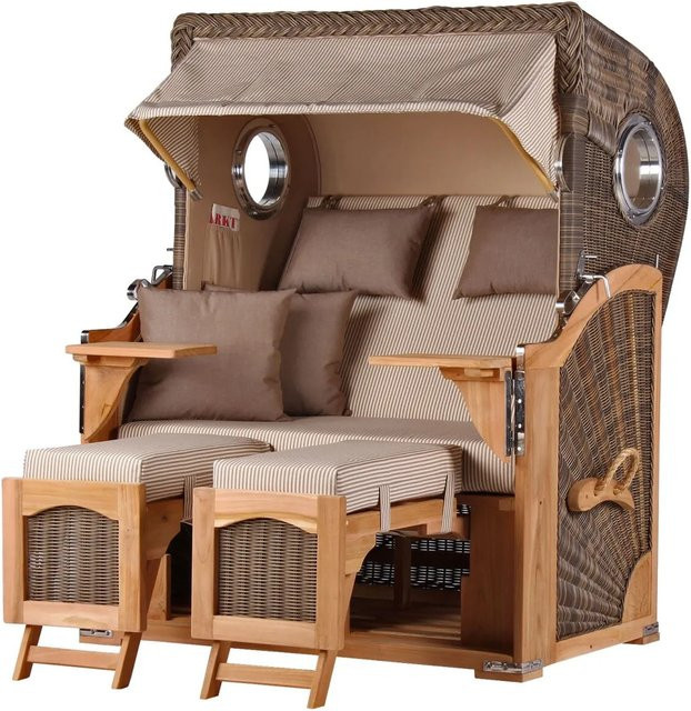 bene,iving Strandkorb Komplettset Ammersee aus Teakholz und PE-Rattan in Grau mit Bullauge und Zubehör - Bild 1