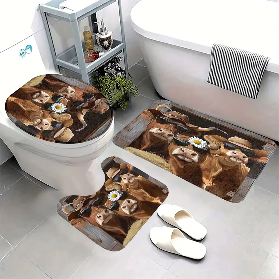 Badezimmer-Set im Western-Cowboy-Stil mit Kuhmotiv und Bauernhoftier-Muster, braun, rutschfest, bestehend aus Toilettenmatte, U-förmiger Bodenmatte und Badezimmerfußmatte - Bild 2