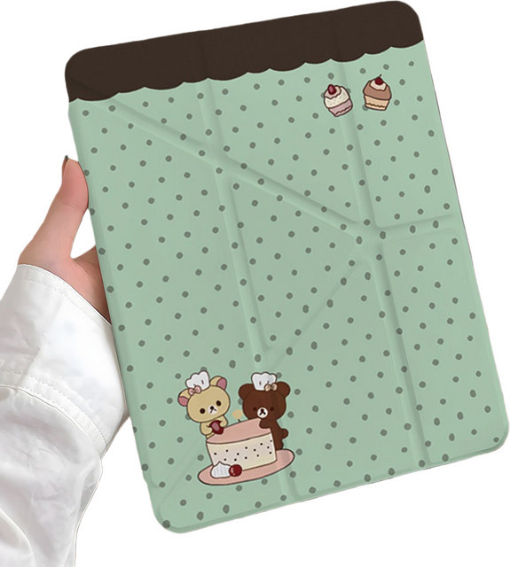 HAPPILAI iPad Schutzhülle mit Bären-Design und Stift- sowie Tablet-Halterung in Grün - Bild 1