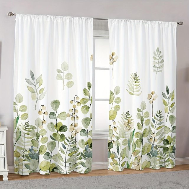 2er-Set Yiran Furniture Vorhänge mit grünem Blumenmuster im Landhausstil, Breite: 135 cm, Höhe: 165 cm - Bild 1