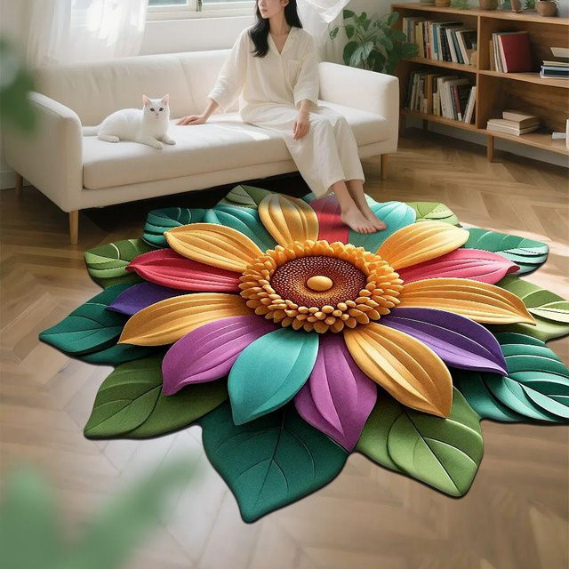Chocolate Home Rund Teppich mit 3D Pfingstrosen-Blütenmuster für dein Wohnzimmer, Multicolour, Durchmesser: 100 cm - Bild 1