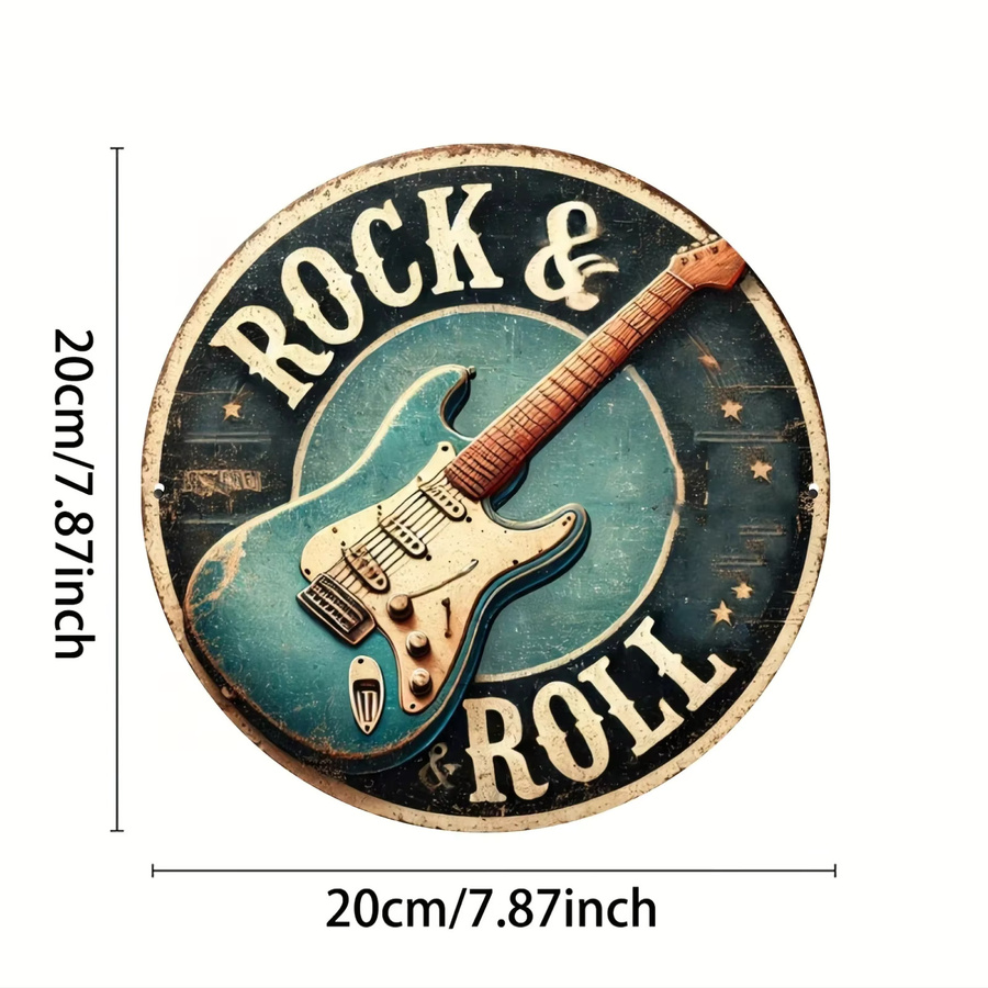 HELLOYOUNG Aluminium-Metall-Blechschild Rock & Roll mit Gitarrenmotiv, runde Wandkunst-Dekoration in Multicolour, B/H: 20 x 20 cm - Bild 2