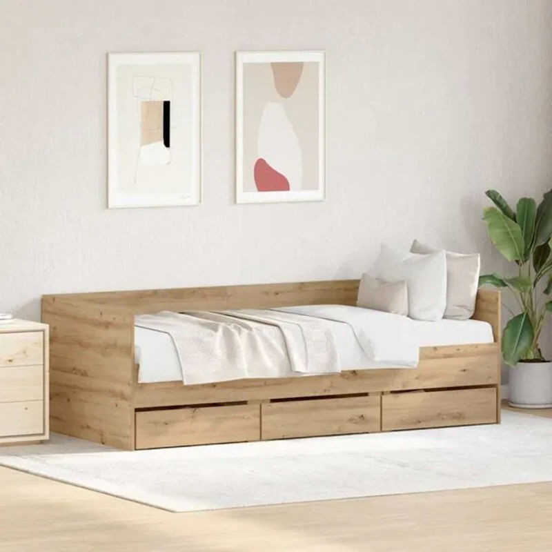 vidaXL Tagesbettgestell mit Schubladen aus Eiche Natur in Braun, Funktionsbett im skandinavischen Design, B/T/H: 90 x 190 x 93 cm - Bild 1
